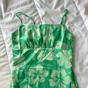Green Hibiscus Spaghetti Strap Silk Mini Dress